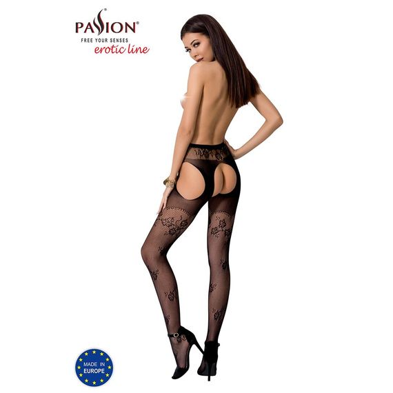 Сексуальні колготки-бодістокінги Passion S022 One Size, Black, імітація панчіх і пояса з гартерами | Зображення 3