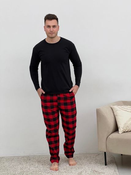 Домашня піжама для чоловіків COSY із фланелі (штани+лонгслів чорний) червоно/чорні