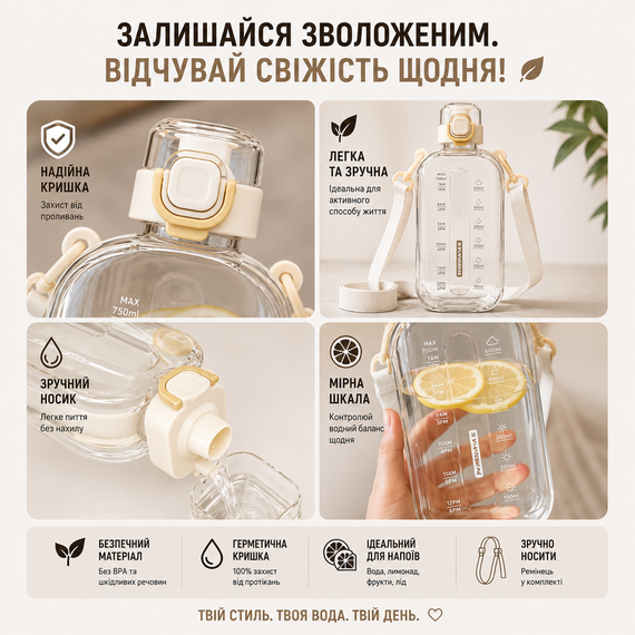 Бутылка для воды 750 мл бежевая, BPA-free с ремешком и мерной шкалой | Зображення 3