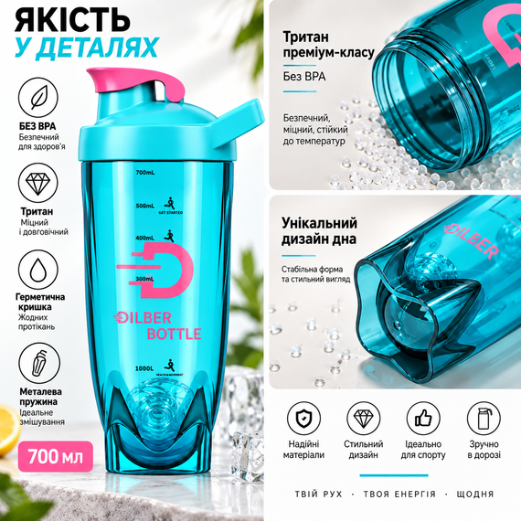 Голубой тритановый шейкер Diller Bottle 700 мл с шариком для эффективного смешивания напитков | Зображення 4