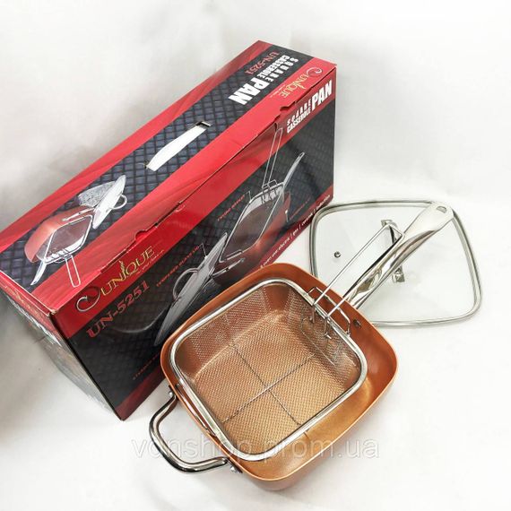 Сковорода-фритюрниця UNIQUE UN-5251 квадратна антипригарна з пароваркою та каструлею + скляна кришка 24 см UP-84 | Зображення 7