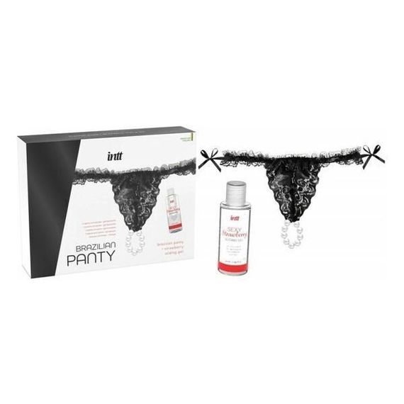 Набір Intt BRAZILIAN PANTY BLACK: трусики на зав’язках S-XL з перлинним кільцем + полунична змазка, One size