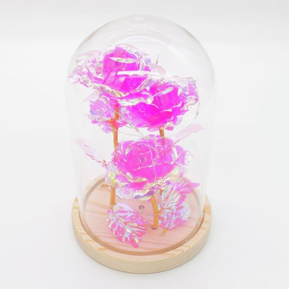 Тройная роза в колбе с LED подсветкой 21 см, на батарейках / Вечная роза ночник / Три розы под куполом | Зображення 3