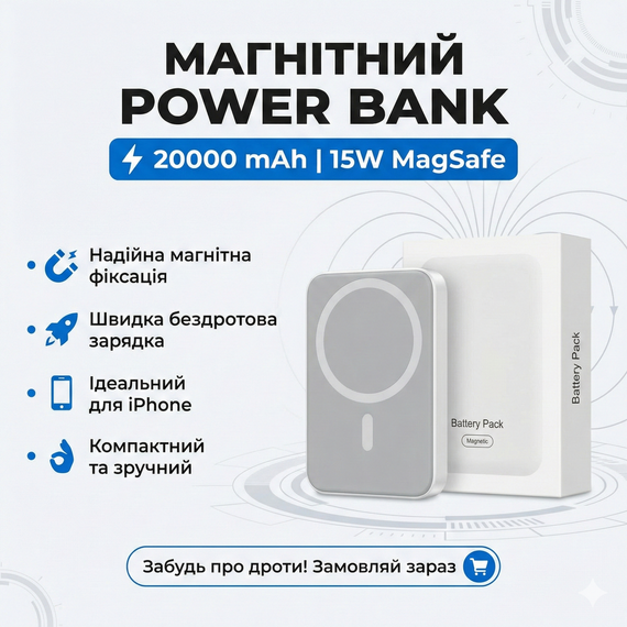 Магнітний павербанк Magnetic Battery Pack 20000 mAh з бездротовою зарядкою 15 W (MagSafe сумісний), білий