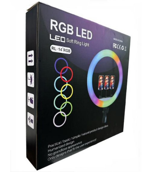 Кільцева RGB LED лампа RL14 RGB 36 см з 3 тримачами для телефону та живленням 220V