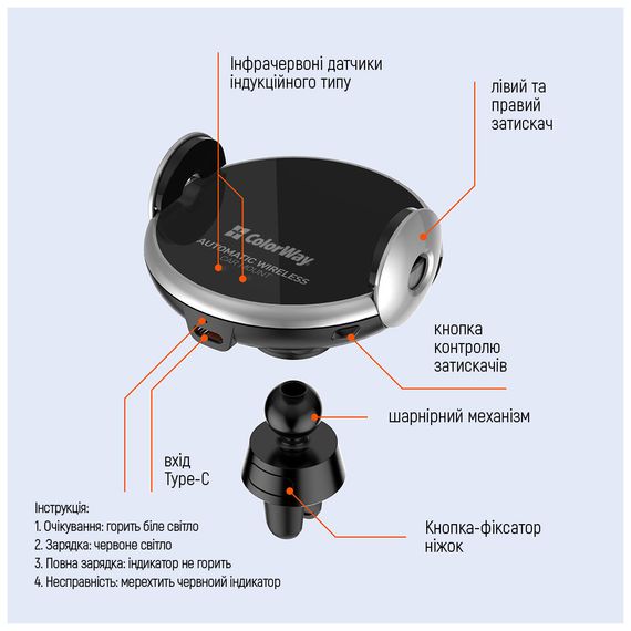 Універсальний автотримач ColorWay AutoSense Wireless Charger 2 15W Black (CW-CHAW036Q-BK) | Зображення 7