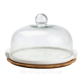 Фарфоровая тортовница со стеклянной крышкой на бамбуковой подставке HP1203