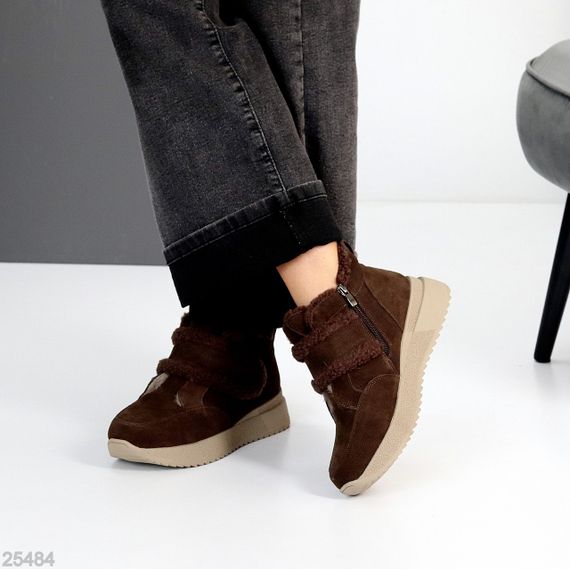 Шоколадные замшевые зимние спортивные ботинки, молния + липучка | Зображення 7