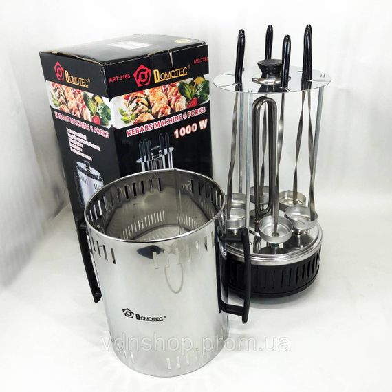 Шашличниця електрична Domotec MS-7781 на 6 шампурів 1000Вт вертикальна з нержавіючої сталі JL-80