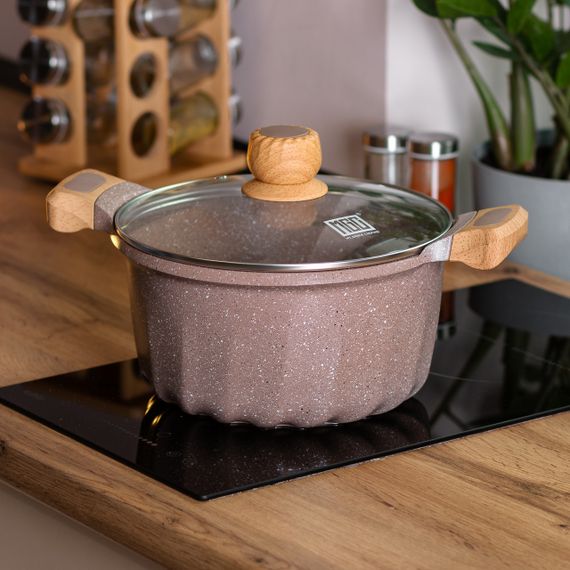 Алюминиевая кастрюля объемом 5 литров с крышкой Ø 24 см, мраморное антипригарное покрытие, кофейный MGC | Зображення 3