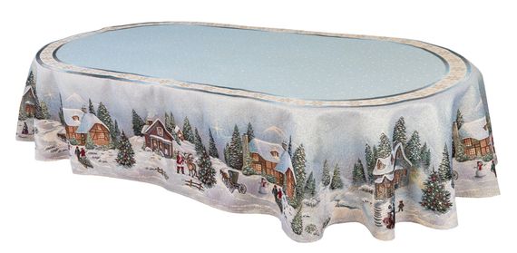 Скатертина гобеленова овальна OVAL723 Різдво в Карпатах Limaso, 160x220, Овальна, Новорічний, Золотий люрекс, 70% поліестер, 23% бавовна, 3% акрил, 4% металеве волокно, Гобелен