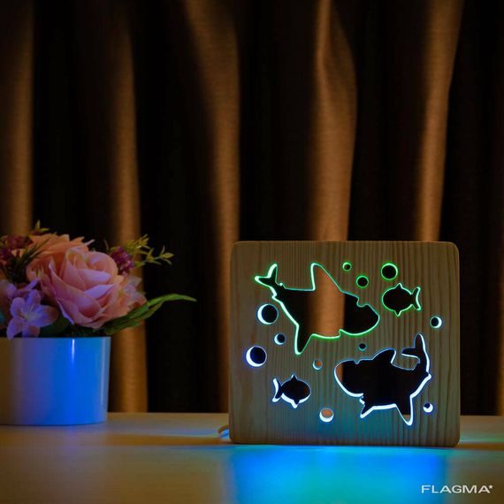 Светильник ночник ArtEco Light из дерева LED "Две акулы и рыбки" с пультом и... | Зображення 9