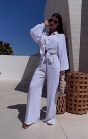 Женский летний костюм тройка брюки палаццо + рубашка + топ-бандо LY25030 цвет белый, размер 46/48