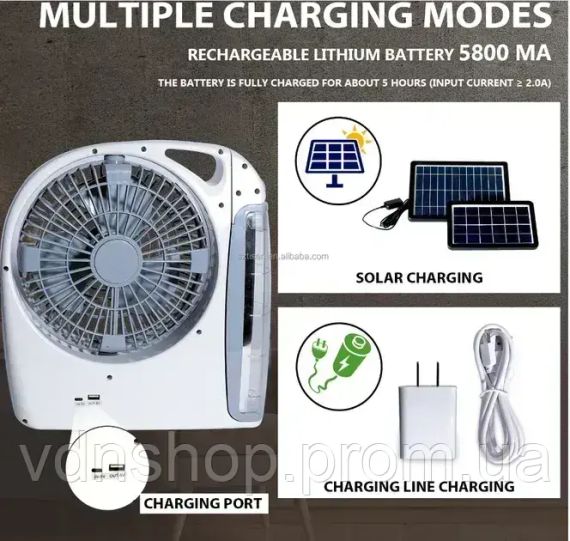 Вентилятор портативный (GD-8028/N283) 6в1 (8", LED лампа, радио, солнечная панель, 2 скорости, 10Вт, Bluetooth, USB, 3.2V/5500 | Зображення 2
