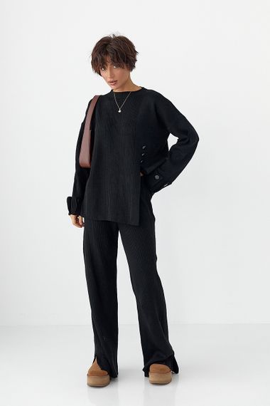 В'язаний костюм в рубчик вільною крою - чорний цвет, ONE SIZE (є розміри) | Зображення 4