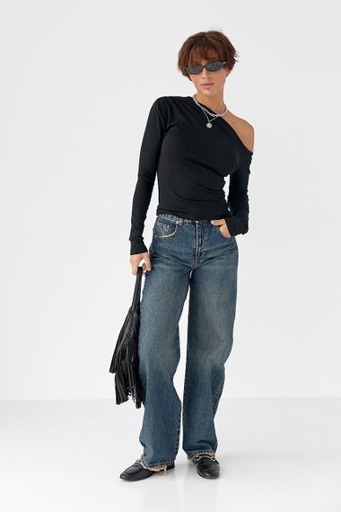 Обтягуючий лонгслів з відкритим плечем - чорний цвет, L (є розміри) | Зображення 2