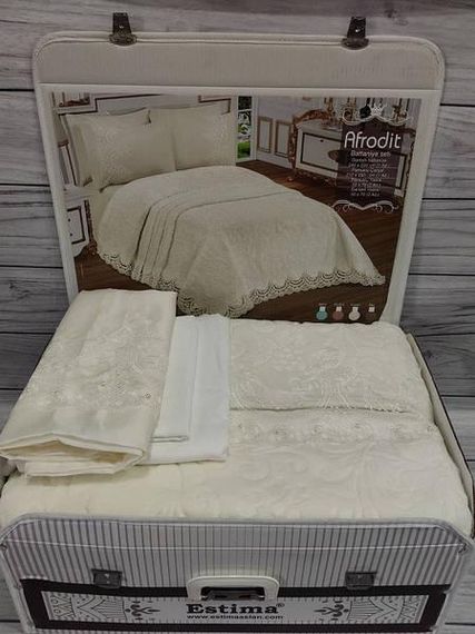 Постельное белье подарочный набор (покрывало, простынь, 4 наволочки) Estima Krem Евро размер