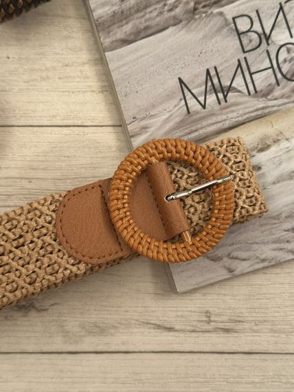 Плетений ремінь зі штучної рафії з квадратною пряжкою, 4,5 см / 100 см Бежевий  (9748) | Зображення 4