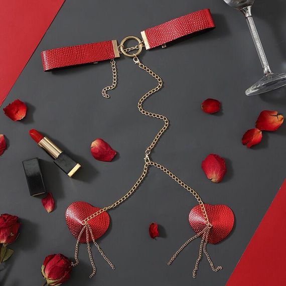 Пэстис-сердечки с цепочками и чокером JSY Nipple Sticker RT236114 Red sexstyle