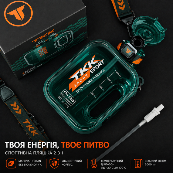 Спортивная бутылка TKK SPORT (1600 мл) - Ударопрочный Tritan, Зеленая прозрачная с ремешком | Зображення 3