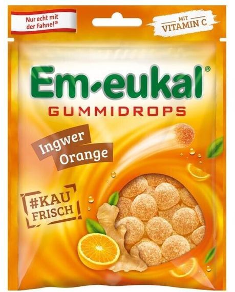 Цукерки Em-eukal з імбиром і апельсиновим соком + вітамін C — м’які льодяники для імунітету та горла, 90 гр., Німеччина