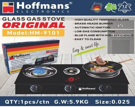 Газова плита Hoffmans HM-9101 на 3 конфорки • Настільна скляна газова варильна панель з автопідпалом і латунними пальниками | Зображення 1
