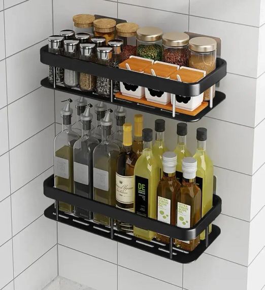 Настенная двухуровневая полка металлическая, самоклеящаяся для ванной комнаты, душевой. | Зображення 1