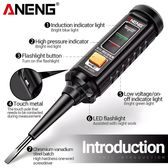 Індикаторна викрутка ANENG B15 безконтактний тестер напруги AC/DC 24-250V | Зображення 2
