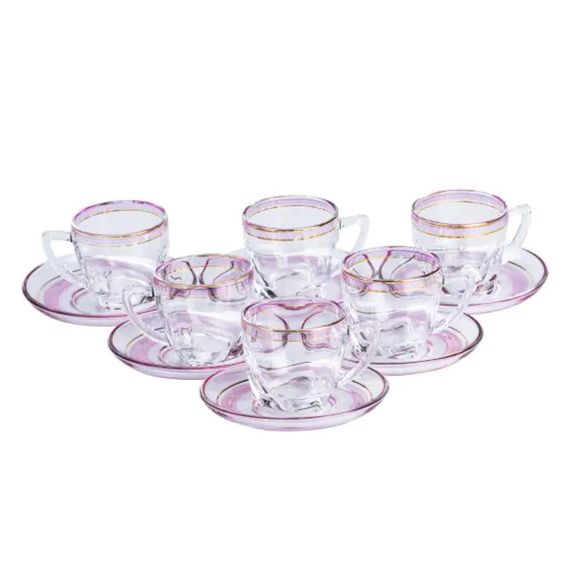 Чашки з блюдцем стеклянные прозрачные набор на 6 персон Розовый HP571