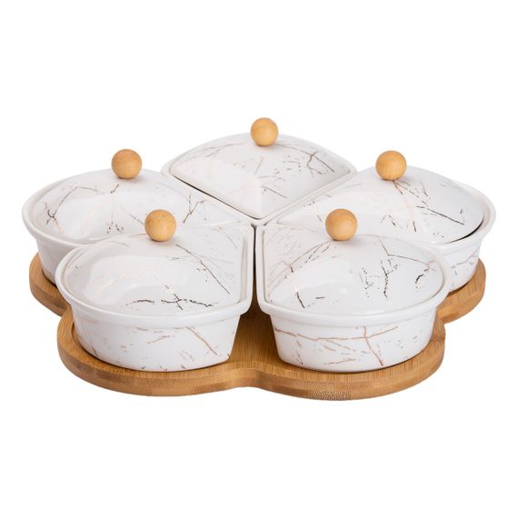 Менажница фарфоровая на вращающейся подставке 5 секций белая HP-1217 | Зображення 1