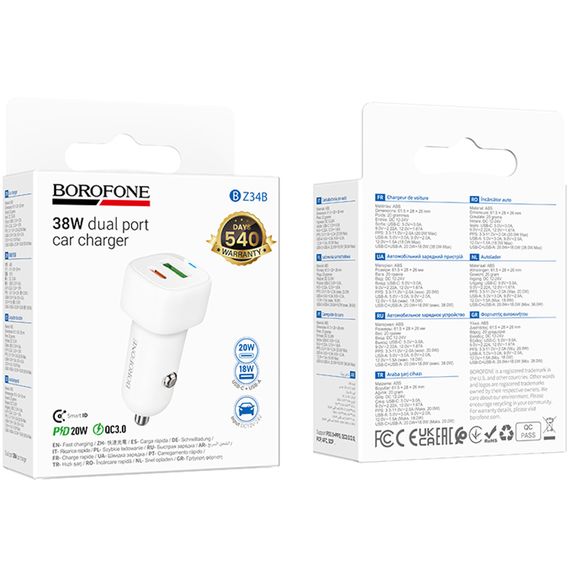 АЗП Borofone BZ34B Cloud PD20W+QC3.0 total 38W (1USB-A/1C) White | Зображення 1