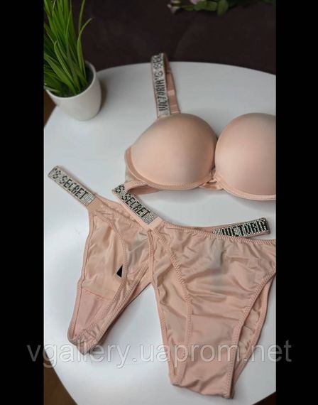Комплект Трійка - Топ+Танга+Стрінги Victoria's Secret зі стразами, Жіночий купальник Вікторія Сікрет, Бежевий, 80C