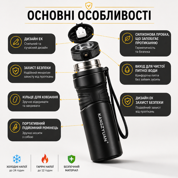 Термос-бутылка KANGZYUAN 450 мл из нержавеющей стали, вакуумный термос с двойной стенкой, черный | Зображення 1