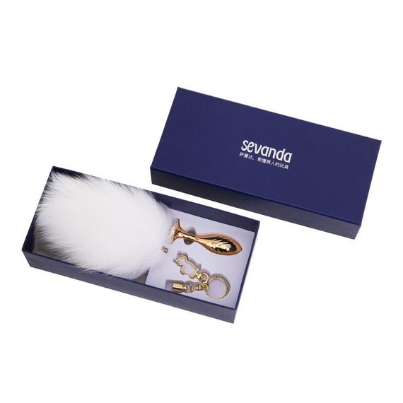 Металлическая анальная пробка Кроличий хвост LOCKINK SEVANDA White Bunny-Tail Anal Pear-shape Plug Sex Aura | Зображення 6