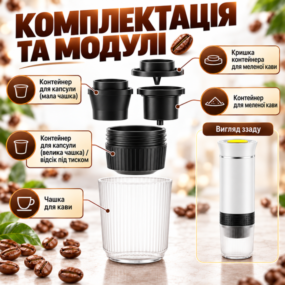 Портативна кавоварка 3 в 1 KF-JN-02 акумуляторна для капсул і меленої кави, з підігрівом води, USB Type-C, біла | Зображення 1