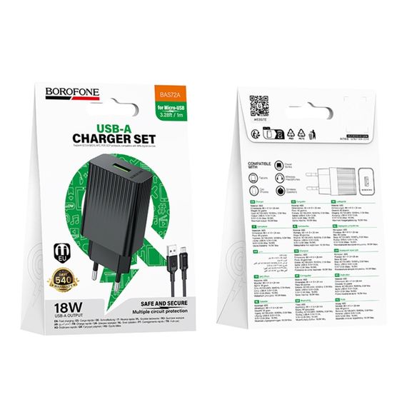 Сетевое Зарядное Устройство Borofone BAS72A 1USB QC 18W+USB to Micro | Зображення 2