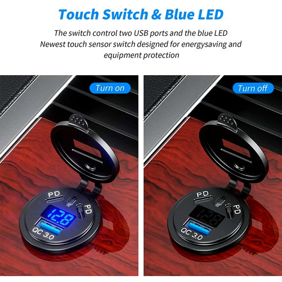 Автомобильная врезная быстрая зарядка USB QC 3.0 с вольтметром и двумя TYPE-C (DS2013-P28) | Зображення 4