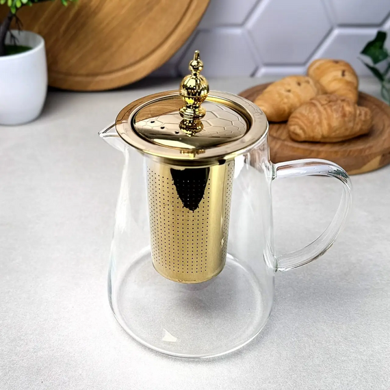 Стеклянный чайник-кофейник для плиты 1,1л Jasmine GK-5802 с золотистыми элементами и удобным заварочным фильтром Прозрачный | Зображення 2