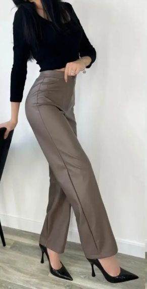 Женские прямые кожаные брюки свободного кроя GF01692 цвет мокко, размер 48 | Зображення 2