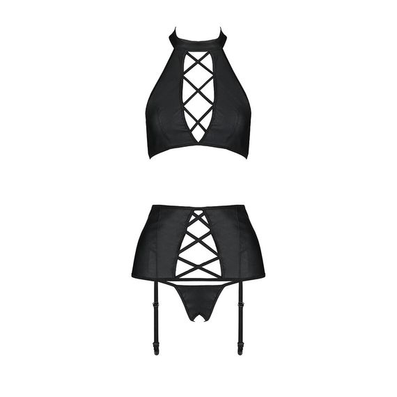 Комплект з еко-шкіри з імітацією шнурівки Passion NANCY SET L/XL black топ, трусики, пояс для панчіх | Зображення 2