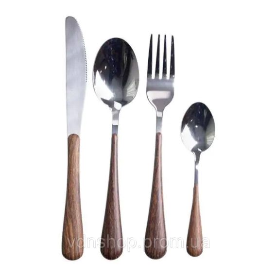 Набір столових приборів на 6 персон з дерев'яними ручками на підставці столові прибори 24 шт Срібло HP-20-1 | Зображення 3