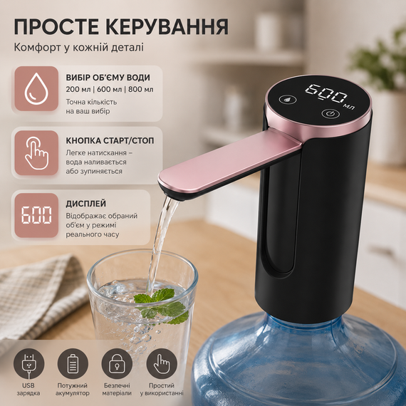 Сенсорный электрический насос для бутылированной воды / Аккумуляторный насос для воды / Диспенсер для воды на USB | Зображення 1