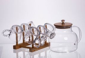 Чайный сервиз из толстого стекла 8 предметов с бамбуковой подставкой для чашек 64486-23
