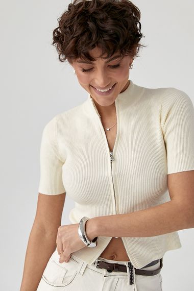 Однотонна футболка в рубчик на блискавці - молочний цвет, ONE SIZE (є розміри) | Зображення 1