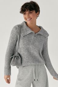Тепла кофта в рубчик із блискавкою на комірі - сірий цвет, ONE SIZE (є розміри)