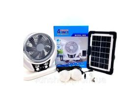 Вентилятор портативний 4в1 (6", сонячна панель, 2 LED лампи, 2 швидкості, 6Вт, USB, 3.2V/4000 мАг)