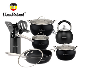 Набор посуды Haus Roland HR126-1, 18 предметов из нержавеющей стали: кастрюли 3,6/6,0 л, ковш 1,9 л, сковорода 2,9 л, чайник 3,0 (