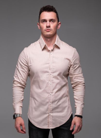 Мужская льняная рубашка с длинным рукавом на пуговицах цвет бежевый, размер S  RA2389 | Зображення 4