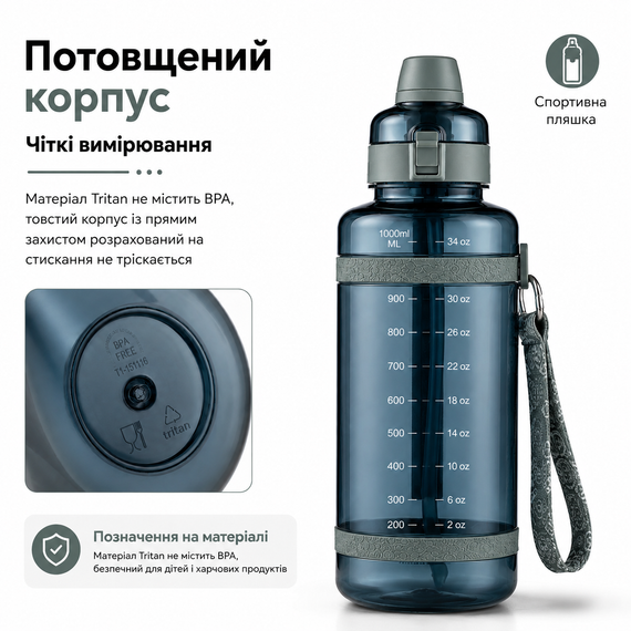 Удобная спортивная бутылка с соломинкой 1000 мл из тритана берюзовая | Зображення 3