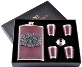 Подарочный набор 6в1 фляга с набойкой (обтянута кожей), 4 рюмки, лейка "Jack Daniels" DJH-1089
